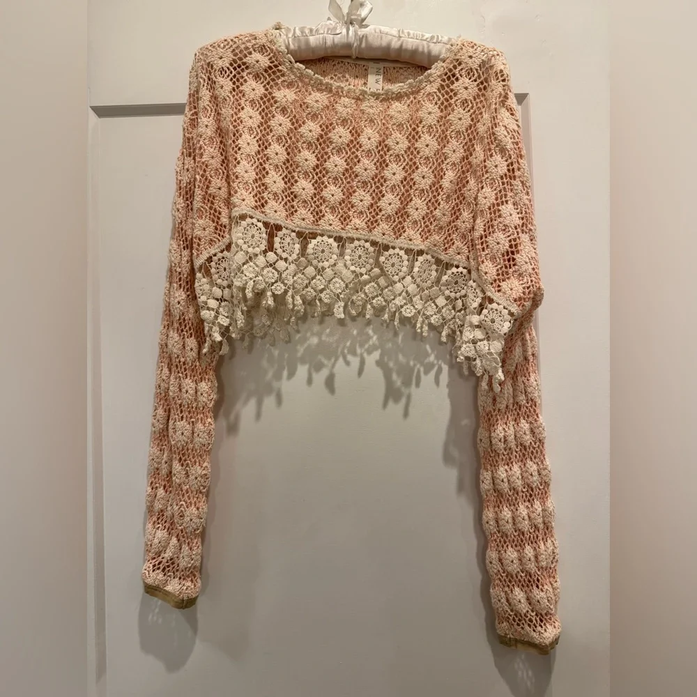 Lace pink and cream Free People crochet trim cropped long sleeve sweater